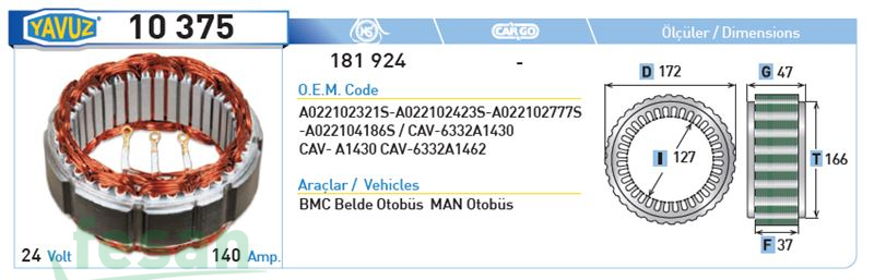 10375 LUCAS 24V STATÖR 140A BMC MAN OTOBÜS