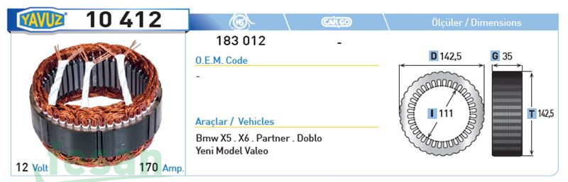 10412 VALEO 12V STATÖR DOBLO PARTNER 170A