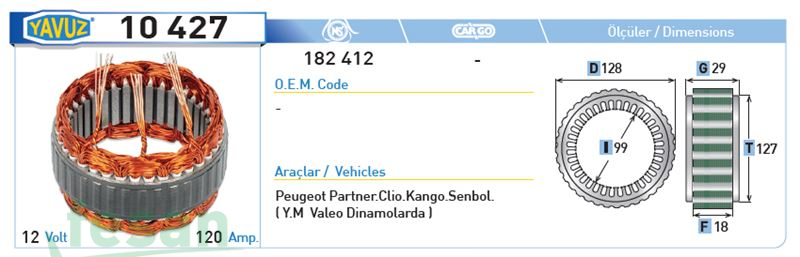 10427 VALEO 12V STATÖR PARTNER KANGO 120A