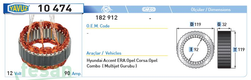 10474 VALEO 12V STATÖR ACCENT ERA COMBO 90AHM