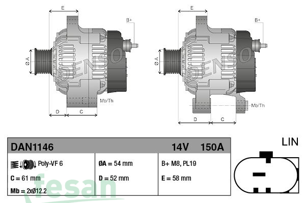 DENSO DAN 1146 12V ŞARJ DİNAMOSU FİAT 500X EGEA 1.6 MULTİJET 2016-2020 ALFA ROMEO GIULIETTA 2.0 MULTİJET 2013-2018 JEEP RENEGADE 2.0-1.6CRD 2014> 150AHM