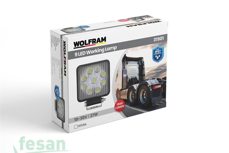 WOLFRAM 31901 12V-24V ÇALIŞMA LAMBASI 9LED KARE 27W BEYAZ E BELGELİ