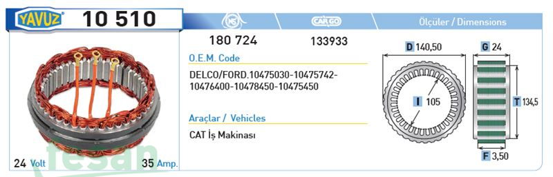 10510 DELCO 24V STATÖR CATERPILLER İŞMAKİNASI 35AHM