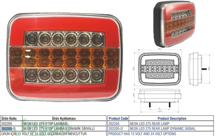 202205-D 24V STOP LAMBASI LED MASSEY FERGUSON MF275 DİNAMİK SİNYALLİ