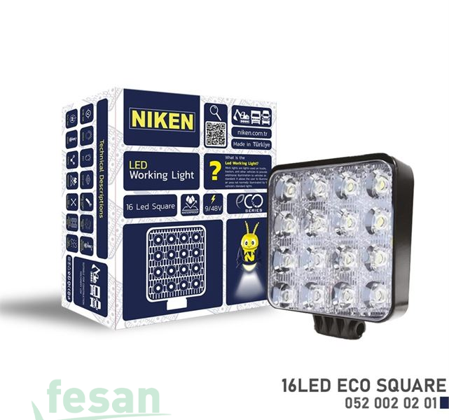 0520020201 NİKEN ECO SERİSİ 16 LED KARE ÇALIŞMA LAMBASI 9-48V