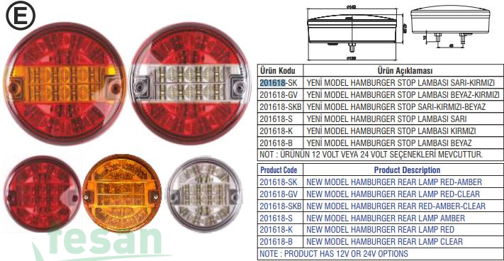 201618-B 12-24V STOP LAMBA LEDLİ HAMBURGER BEYAZ 3 FONKSİYONLU
