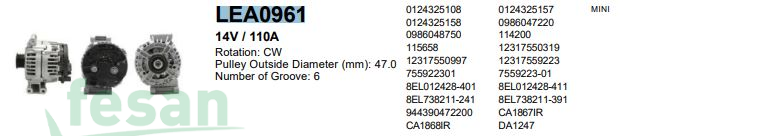 LUCAS LEA 0961 DENSO 12V ŞARJ DİNAMOSU MİNİ COOPER BMW 110AHM 2004-2008 105AHM