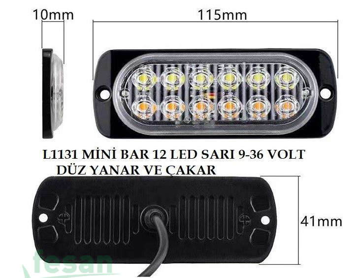 L1131 9-36V ÇAKAR MİNİ BAR 12LED SARI DÜZ VE ÇAKAR