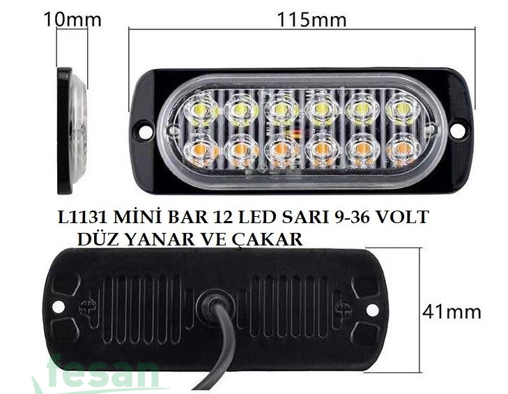 L1131 9-36V ÇAKAR MİNİ BAR 12LED SARI DÜZ VE ÇAKAR