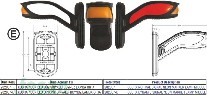 202007-D RH 24V BOYNUZ LAMBA LED NEON ORTA DİNAMİK SİNYAL