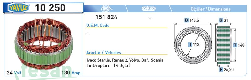 10250 MİTSUBİSHİ 24V STATÖR İVECO RENAULT KA 0114 97692 ST 1820