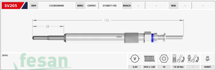 SVAC SV205  000  5.4V ISITMA BUJİSİ BMW E90-F30 F80-F32-F82-F33-F83-F10-F12-X1-X3-X4-X5-X6