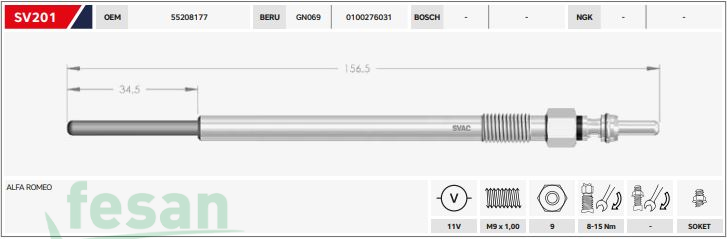 SVAC SV201  000  11V ISITMA BUJİSİ ALFA ROMEO 159 BRERA 2.4JTDM GT 1.9JTD