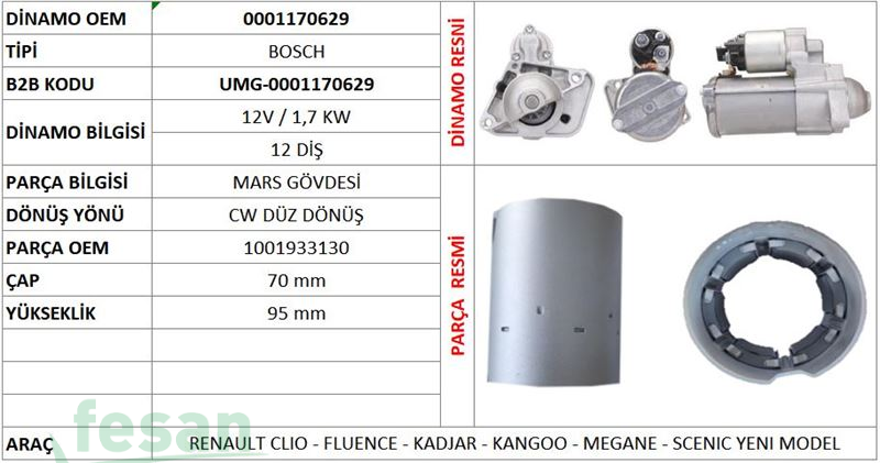 0001170629 BOSCH 12V MARŞ GÖVDESİ RENAULT CLİO FLUANCE KADJAR MEGANE SCENIC YM 6 MIKNATISLI YM