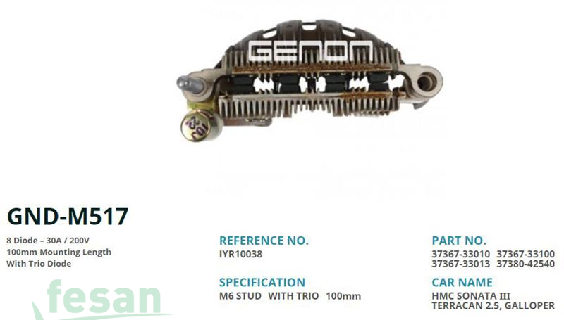 GENON M517 MİTSUBİSHİ DİOT TABLASI HYUNDAI ACCENT EXCEL 8DİOTLU FORD FOCUS 2000 6MM CİVATALI 100MM