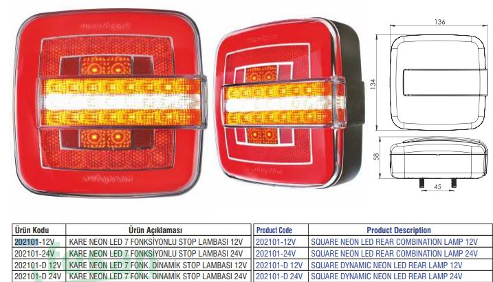 202101-D 12V STOP LAMBASI LED KARE NEON 7 FONKSİYON DİNAMİK SİNYALLİ KAYAR