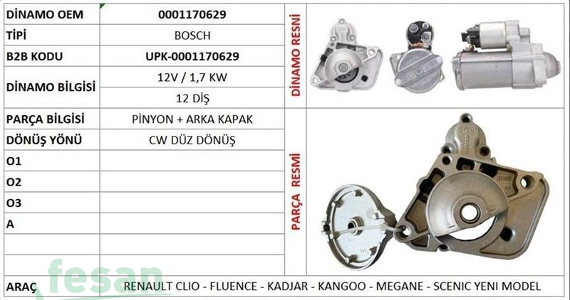 BOSCH 0001170629 BOSCH PİNYON KAPAK RENAULT FLUANCE CLİO KADJAR KANGOO MEGANE SCENIC