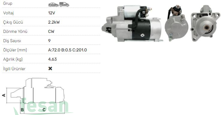 LES0088 MİTSUBİSHİ 12V MARŞ MOTORU MASTER MOVANO 9DİŞ 2.2 KW