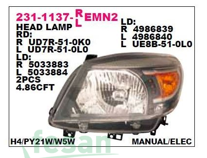 231-1137R-LEMN2 FAR FORD RANGER 2009-2012 MAZDA B2500 2008-2011 SAĞ MANUEL SİYAH ÇERÇEVELİ