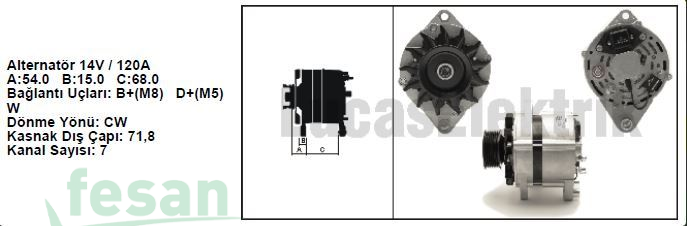 LUCAS 61920554 12V ŞARJ DİNAMOSU TÜMOSAN 120AHM 7KANALLI