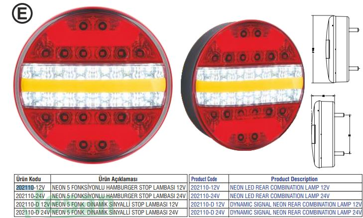 202110-D 12V STOP LAMBA LEDLİ HAMBURGER 5 FONKSİYONLU NEON DİNAMİK SİNYALLİ