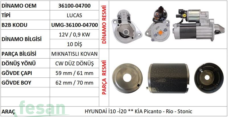 36100-04700 MİTSUBİSHİ 12V MARŞ GÖVDESİ HYUNDAI İ10 KİA PİCANTO RİO STONİC MIKNATISLI