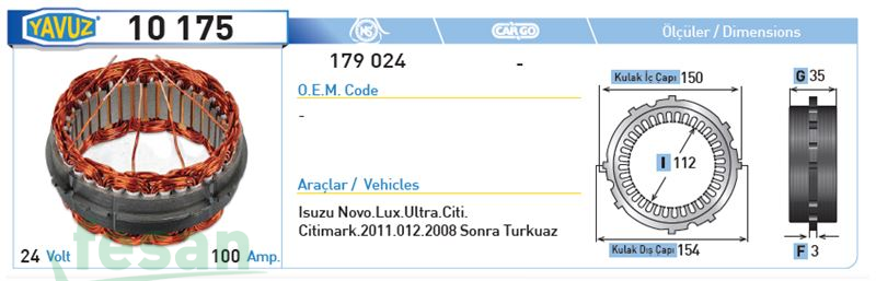 10175 BOSCH 24V STATÖR İSUZU NOVA 100A