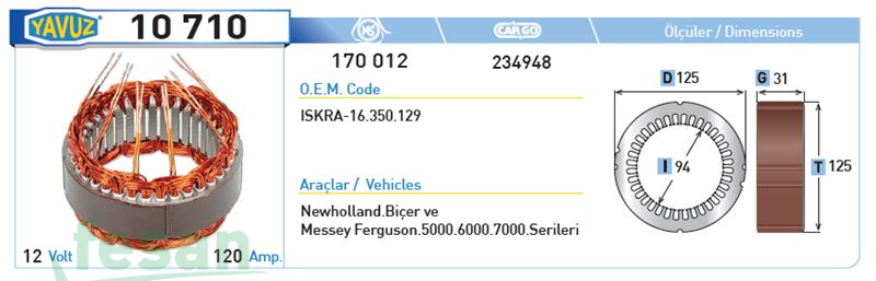 10710 ISKRA 12V STATÖR NEWHOLLAND VALTRA MASSEY FERGUSON 120AHM