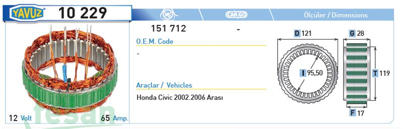 10229 HİTACHİ 12V STATÖR HONDA CIVIC 02-06